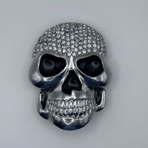 Vtg RT Rhinestone Encrusted Silver Skull Belt Buckle - Goth Rocker Punk